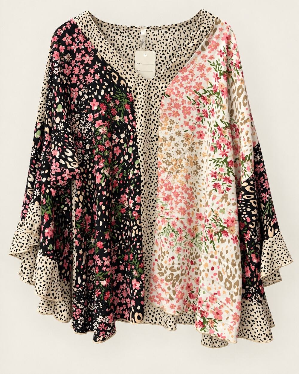 Hesed Plus Size 2X Floral Leopard Mixed Print Tunic Bell Sleeve Blouse NWT